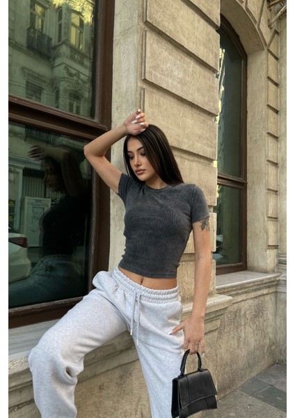 Yıkamalı Yıpratmalı Kaşkorse Crop Top