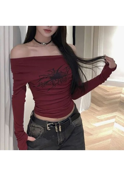 Y2K Harajuku Bordo Spider Omuzu Açık Uzun Kollu Crop