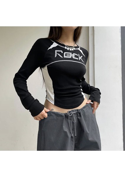 Y2K Harajuku Rock More Uzun Kol Crop Top