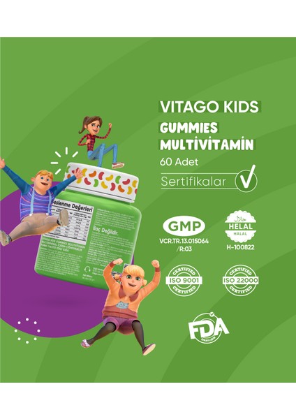 Kids Gummies Multivitamin Multimineral İçeren Çiğnenebilir Form Takviye Edici Gıda fiyatları