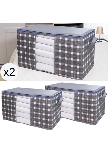 2 Adet Mega Boy Pencereli Kare Desenli Ekose Gri Yastık Yorgan Düzenleyici Hurç Seti 90X50X50 cm