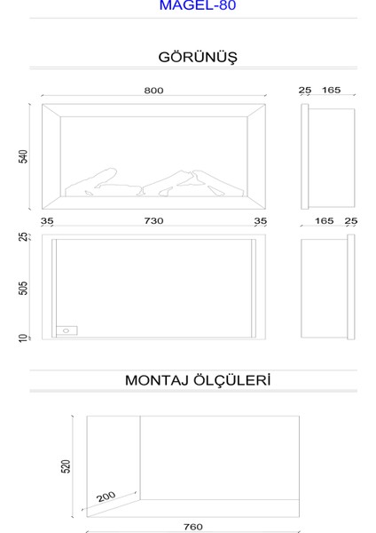 Magel 80 - Isıtmasız Elektrikli Şömine Tek Renkli Metal Çerçeveli