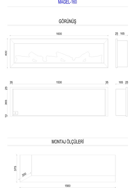 Magel 160 - Isıtmasız Elektrikli Şömine Tek Renkli Metal Çerçeveli