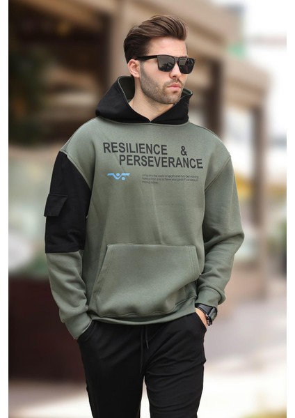 Haki Kapüşonlu Cep Detaylı Baskılı Erkek Sweatshirt 7058
