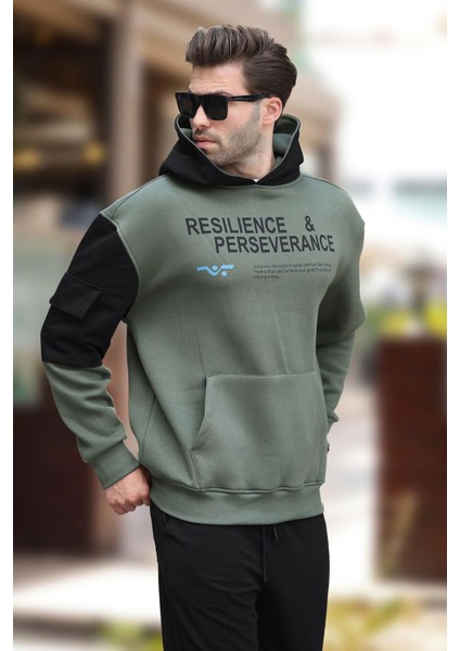 Haki Kapüşonlu Cep Detaylı Baskılı Erkek Sweatshirt 7058 fiyatları