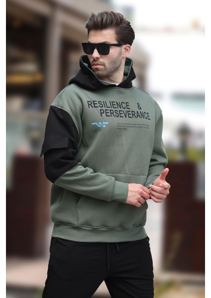 Haki Kapüşonlu Cep Detaylı Baskılı Erkek Sweatshirt 7058 modelleri