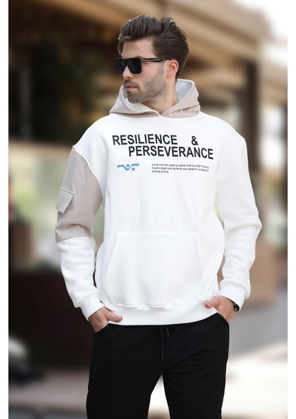 Ekru Kapüşonlu Cep Detaylı Baskılı Erkek Sweatshirt 7058 fiyatları