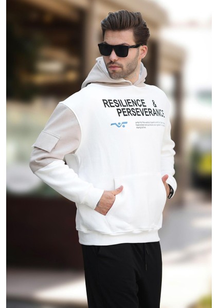 Ekru Kapüşonlu Cep Detaylı Baskılı Erkek Sweatshirt 7058