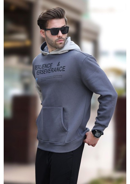 Füme Kapüşonlu Cep Detaylı Baskılı Erkek Sweatshirt 7058