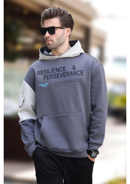 Füme Kapüşonlu Cep Detaylı Baskılı Erkek Sweatshirt 7058