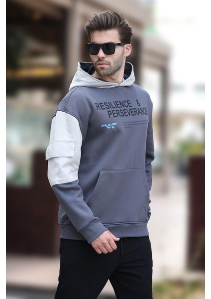 Füme Kapüşonlu Cep Detaylı Baskılı Erkek Sweatshirt 7058