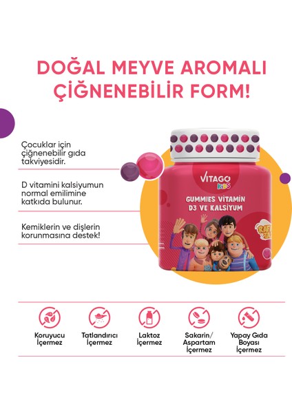 Kids Gummies Vitamin D3, Kalsiyum İçeren Çiğnenebilir Form Takviye Edici Gıda