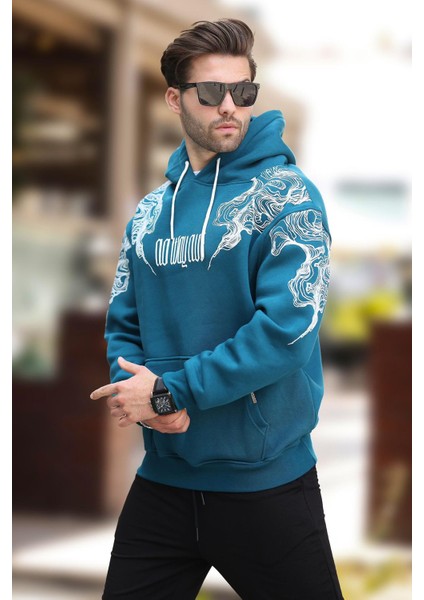 Petrol Mavisi Kapüşonlu Cep Detaylı Baskılı Erkek Sweatshirt 7052 fiyatları