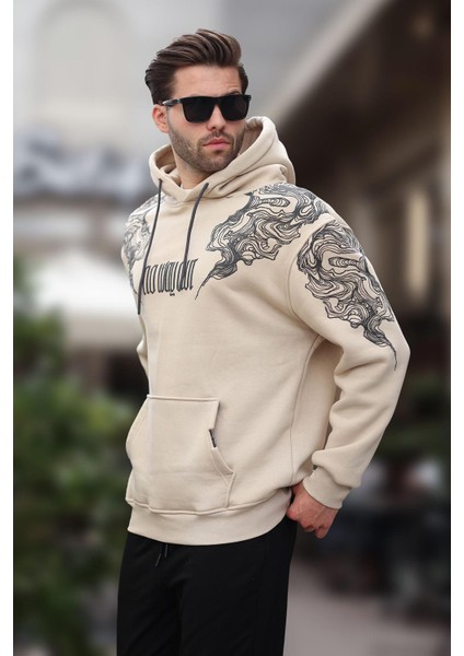 Bej Kapüşonlu Cep Detaylı Baskılı Erkek Sweatshirt 7052