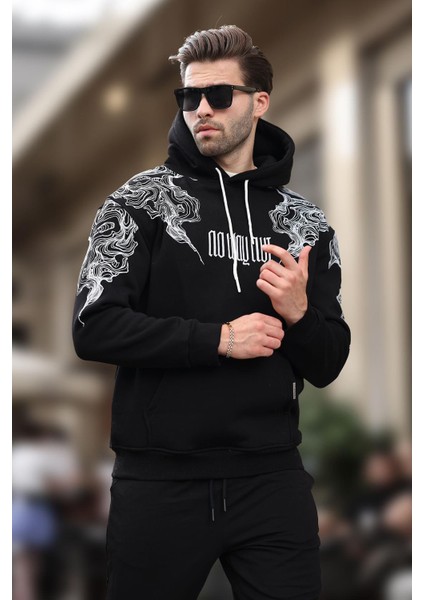 Siyah Kapüşonlu Cep Detaylı Baskılı Erkek Sweatshirt 7052