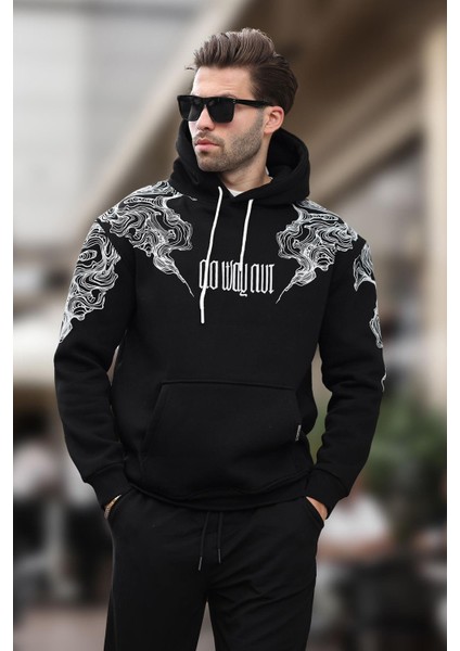 Siyah Kapüşonlu Cep Detaylı Baskılı Erkek Sweatshirt 7052 fiyatları