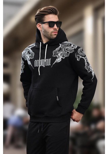 Siyah Kapüşonlu Cep Detaylı Baskılı Erkek Sweatshirt 7052 modelleri
