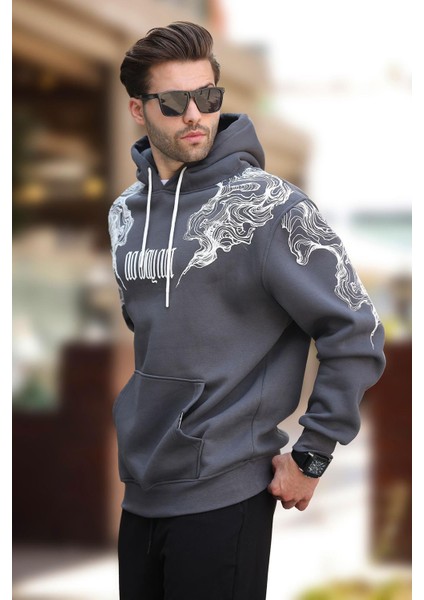 Füme Kapüşonlu Cep Detaylı Baskılı Erkek Sweatshirt 7052 fiyatları