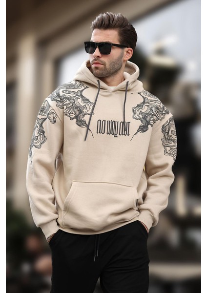 Bej Kapüşonlu Cep Detaylı Baskılı Erkek Sweatshirt 7052