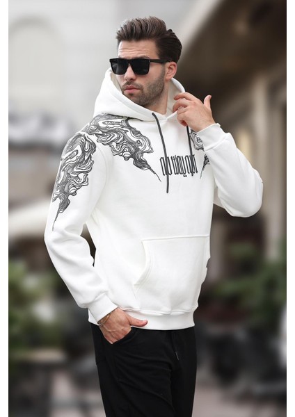 Ekru Kapüşonlu Cep Detaylı Baskılı Erkek Sweatshirt 7052 fiyatları