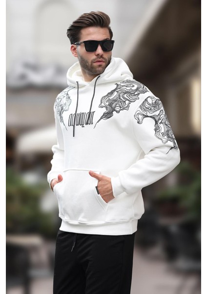 Ekru Kapüşonlu Cep Detaylı Baskılı Erkek Sweatshirt 7052 modelleri