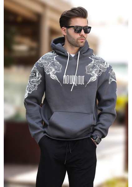 Füme Kapüşonlu Cep Detaylı Baskılı Erkek Sweatshirt 7052