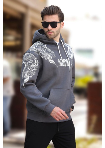 Füme Kapüşonlu Cep Detaylı Baskılı Erkek Sweatshirt 7052 modelleri