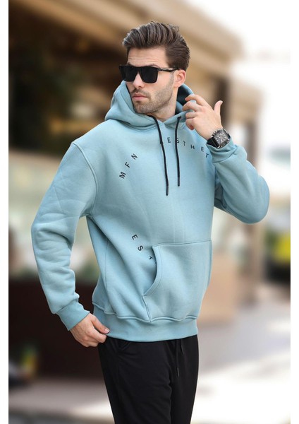 Mavi Kapüşonlu Cep Detaylı Nakışlı Erkek Sweatshirt 7054