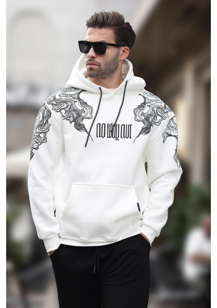 Ekru Kapüşonlu Cep Detaylı Baskılı Erkek Sweatshirt 7052