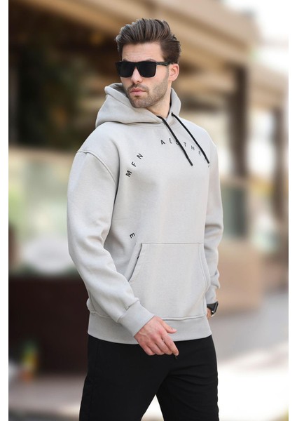 Boyalı Gri Kapüşonlu Cep Detaylı Nakışlı Erkek Sweatshirt 7054