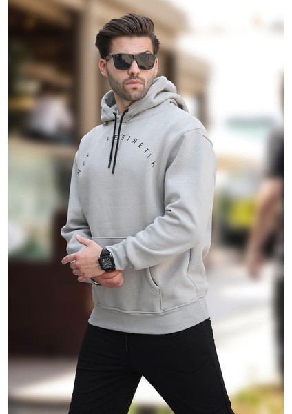 Boyalı Gri Kapüşonlu Cep Detaylı Nakışlı Erkek Sweatshirt 7054 fiyatları