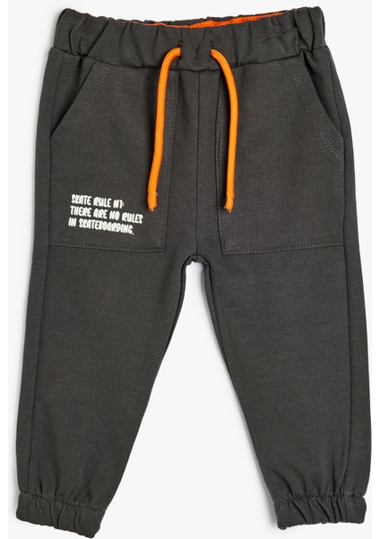 Jogger Eşofman Altı Beli Bağlamalı Slogan Baskılı Pamuklu Şardonlu