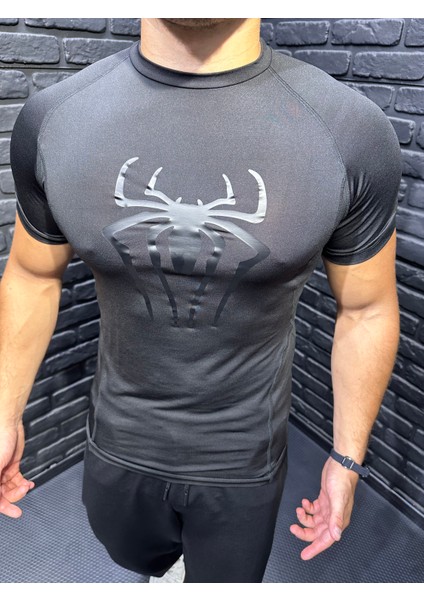 Erkek Spiderman Compression Tshirt Rash Guard Siyah Spor Tişört