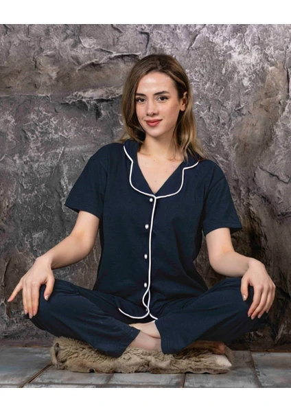 Sude Homewear Kadın Lacivert Renk Kısa Kol Pijama Takımı