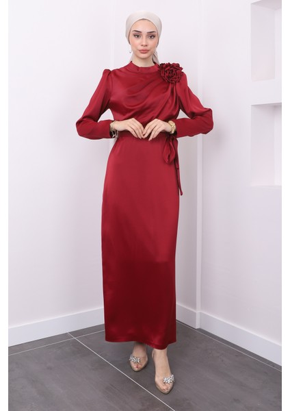 Bordo Ön Detaylı Bronşlu Saten Abiye