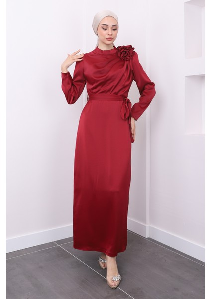 Bordo Ön Detaylı Bronşlu Saten Abiye