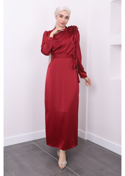 Bordo Ön Detaylı Bronşlu Saten Abiye