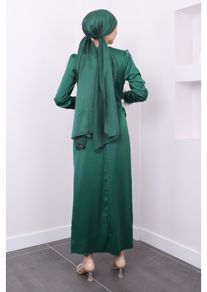 Zümrüt Yeşili Kolu Tüylü Yan Detaylı Saten Abiye indirimleri