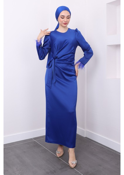 Saks Mavi Kolu Tüylü Yan Detaylı Saten Abiye fiyatları