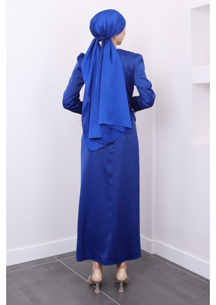 Saks Mavi Kolu Tüylü Yan Detaylı Saten Abiye indirimleri