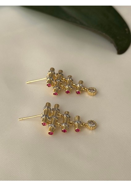 Serenay Kenarları Fuşya Taş Detaylı Boru Kolye ve Küpe Set