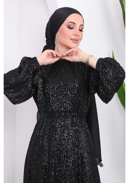 Siyah Payetli Kolları Bağlamalı Abiye