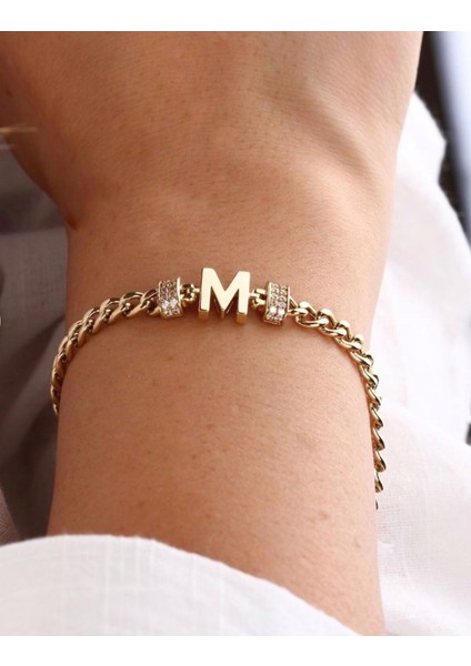 Çelik Altın Renk M Harfi Zirkon Taşlı Klasik Zincir Harf Bileklik