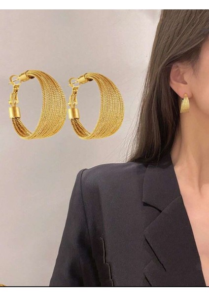Çelik Altın Renk Hasır Kuyumcu Model Klipsli Kalın Halka Küpe
