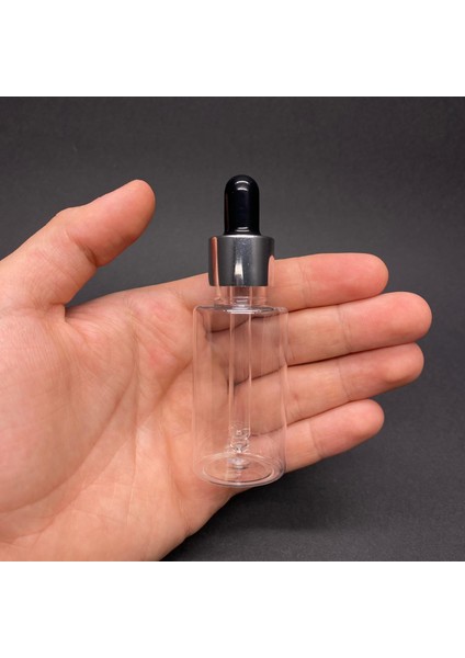 30 ml Kısa Şeffaf Şişe Cam Damlalıklı , Gümüş Metal Kapaklı , 30 cc Cam Damlalıklı Pe Şişe x 10 Adet