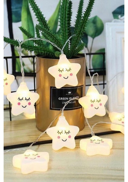 Dekoratif Pilli Gülen Yüz Yıldız Ip LED Işık Zinciri Yılbaşı Süs Aydınlatma