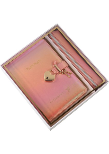 Hush Hush Metalik Pembe Kilitli Defter ve Kalem Çantası Seti