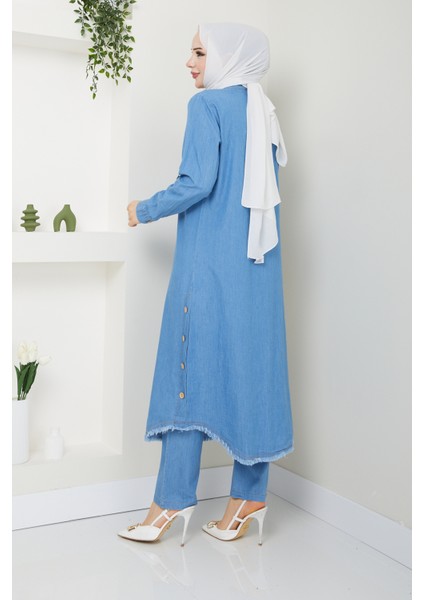 Kadın Ahşap Düğme Detaylı Pantolonlu Ikili Kot Takım modelleri