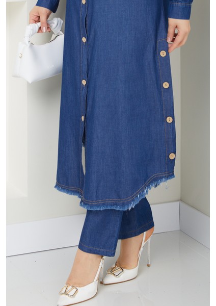 Kadın Ahşap Düğme Detaylı Pantolonlu Ikili Kot Takım fırsatları