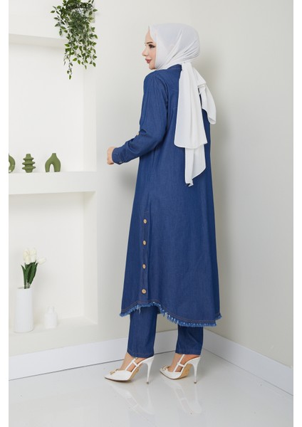 Kadın Ahşap Düğme Detaylı Pantolonlu Ikili Kot Takım indirimleri